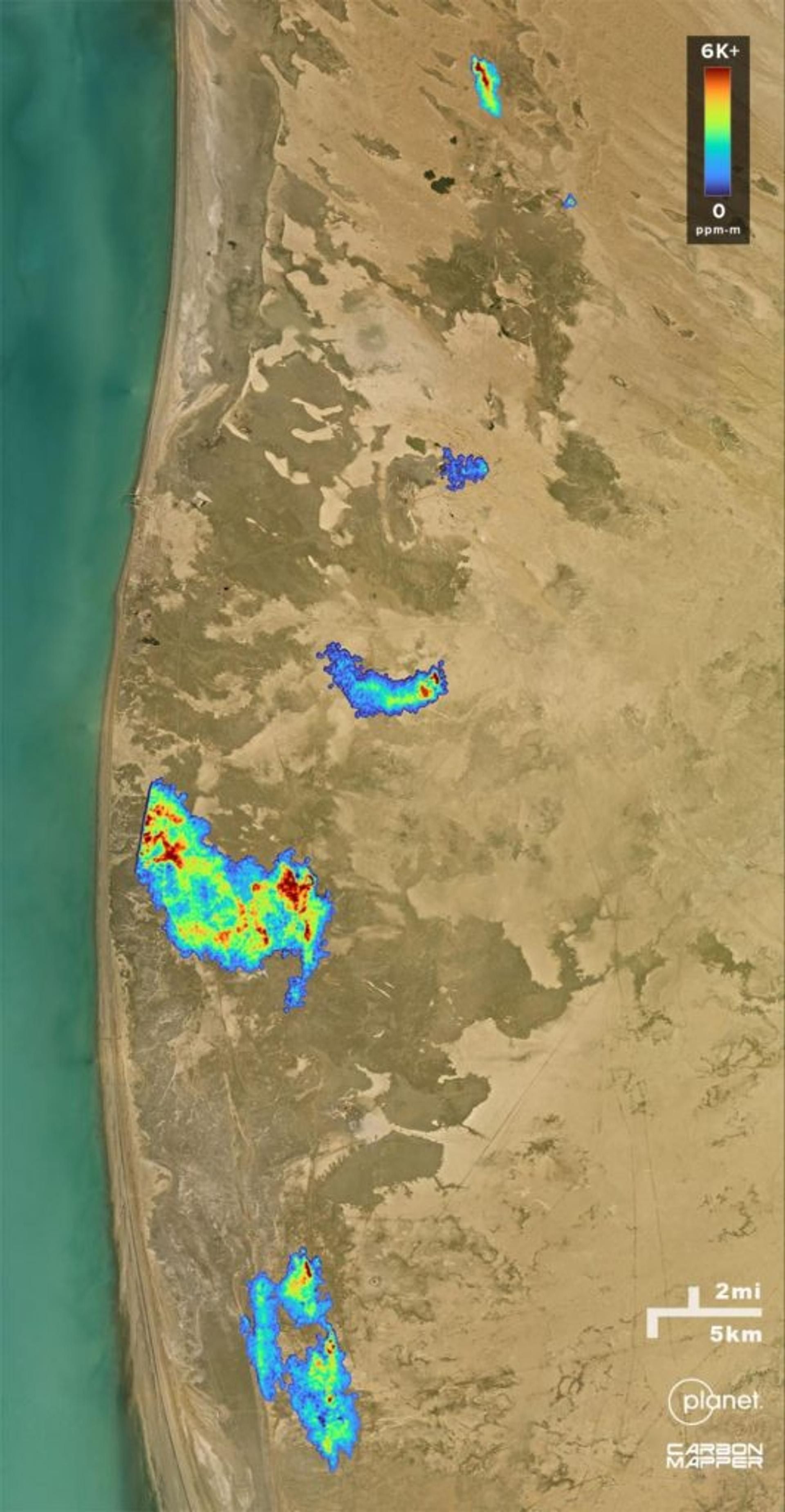 Methane plumes along a desert coast