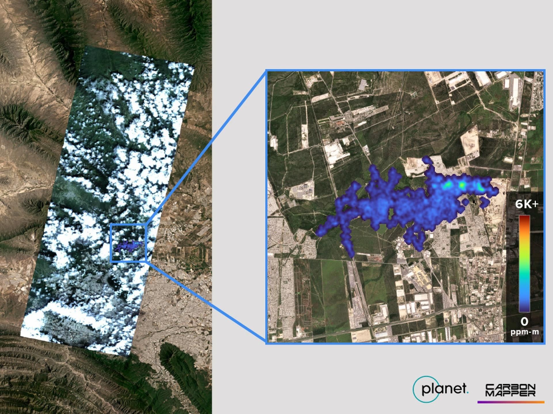 Methane plume detected between clouds, full strip and detail