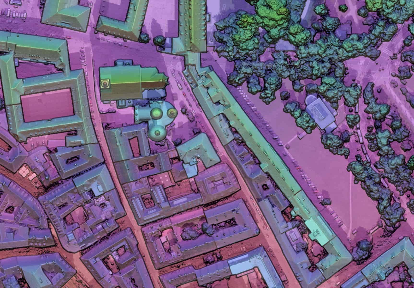 Colour-coded surface model of a city block: buildings, trees and streets by height